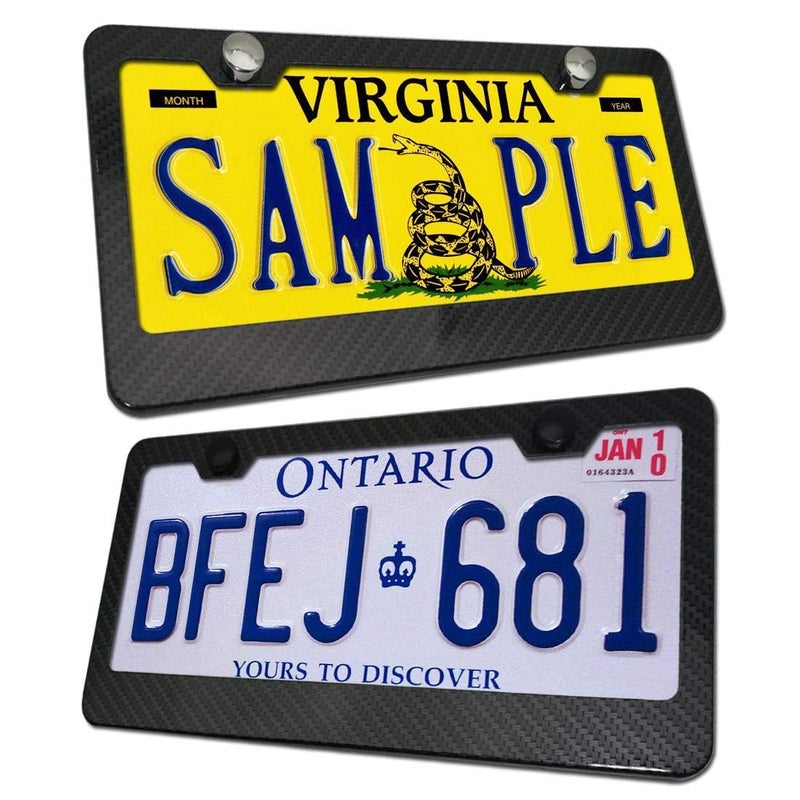 BGGTMO License Plate Frame Carbon Fiber- Black Aluminum Car Tag Frame Holder Printed Carbon Pattern with Rust Proof License Plate Screws and Black & Chrome Caps - Image 2